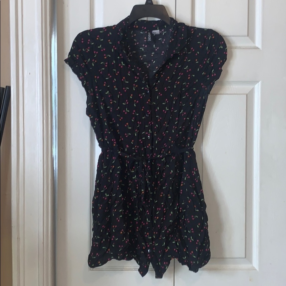 Cherry print button minidress with belt & collar